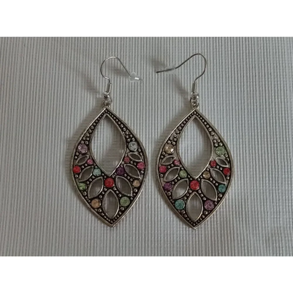 Silver Toned Metal Multicolored Colorful Rhinestones Dangle Statement Earrings